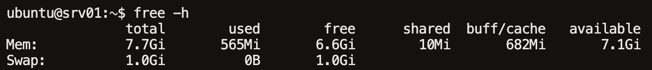 free -h 명령어로 메모리 사용량을 확인한 결과