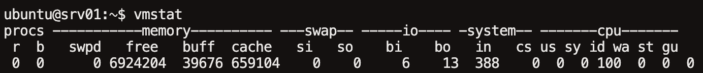 vmstat 명령어로 CPU·메모리·I/O 상태를 확인한 결과