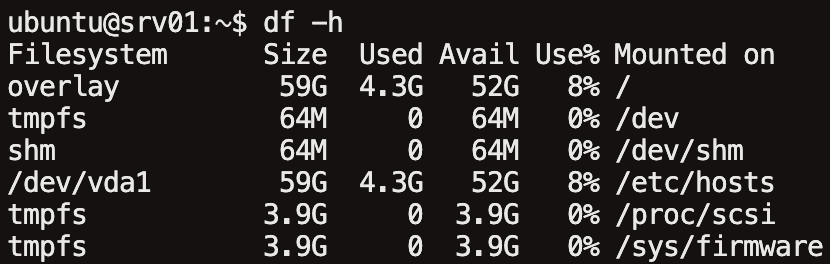 df -h 명령어로 디스크 용량을 확인한 결과