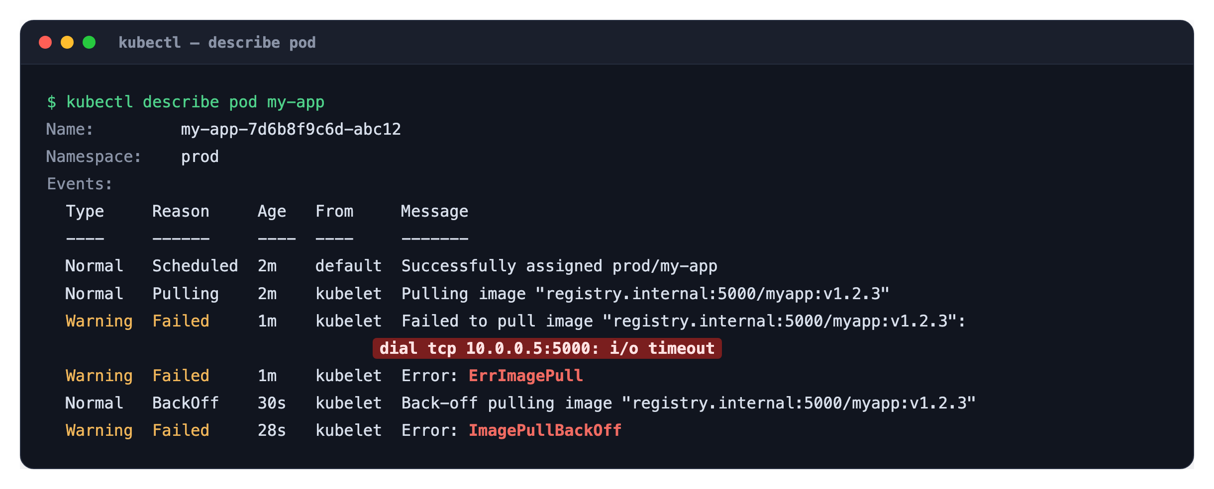kubectl describe pod의 Events에 dial tcp i/o timeout 메시지가 강조된 모습