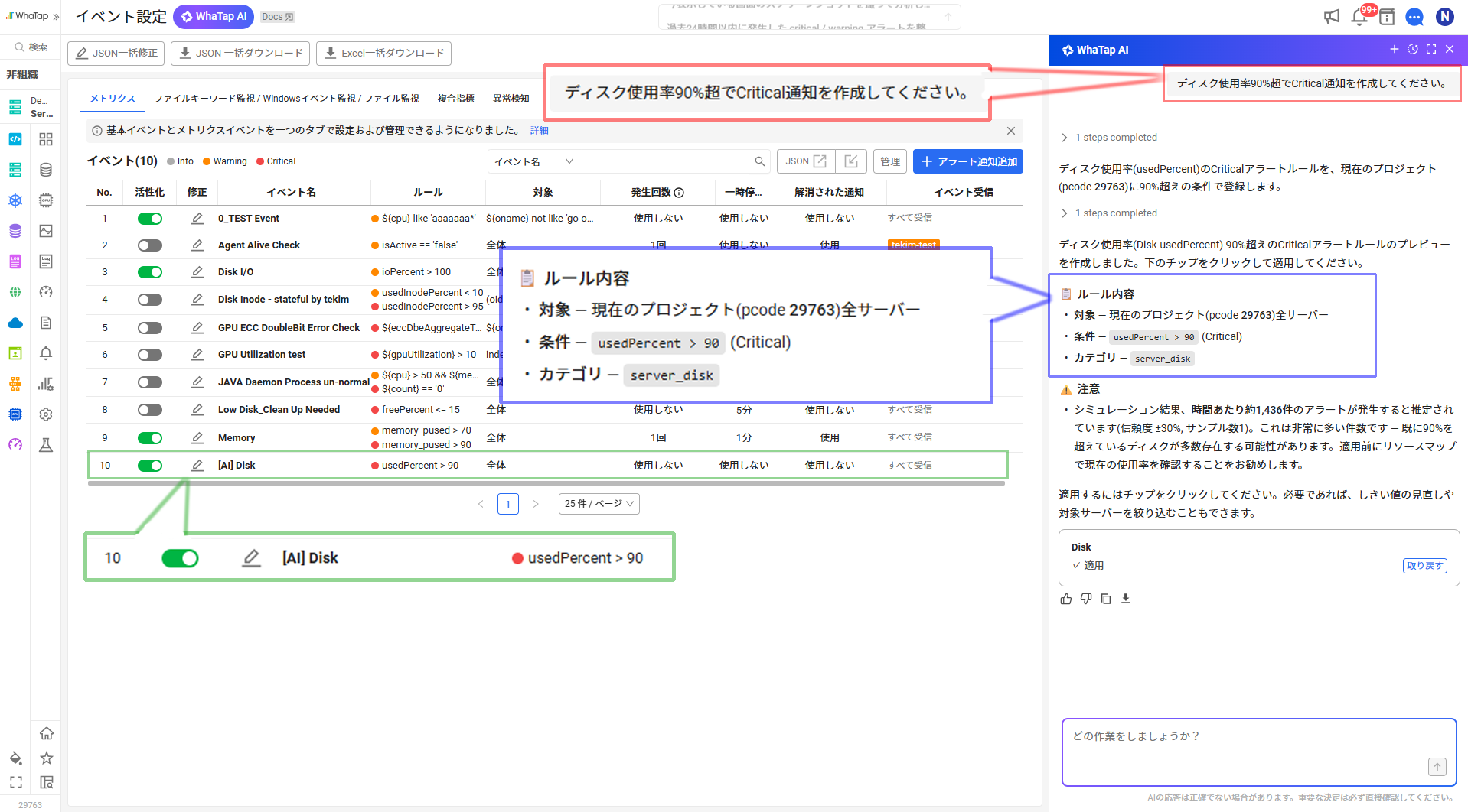 必要なアラート設定(緑ボックス)をWhaTap AIが提示