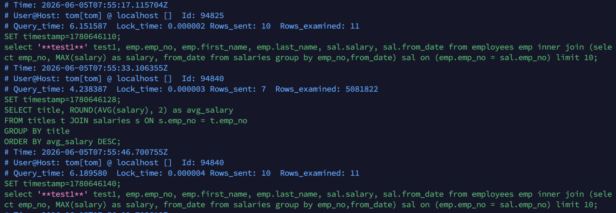 MySQLのスロークエリログに残ったクエリと実行時間の例