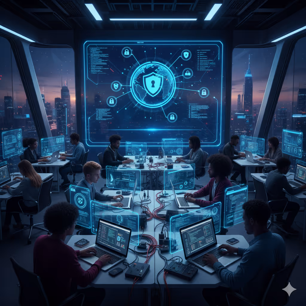 Team of diverse cybersecurity professionals working on laptops in a high-tech office with holographic security interface and city skyline at dusk.