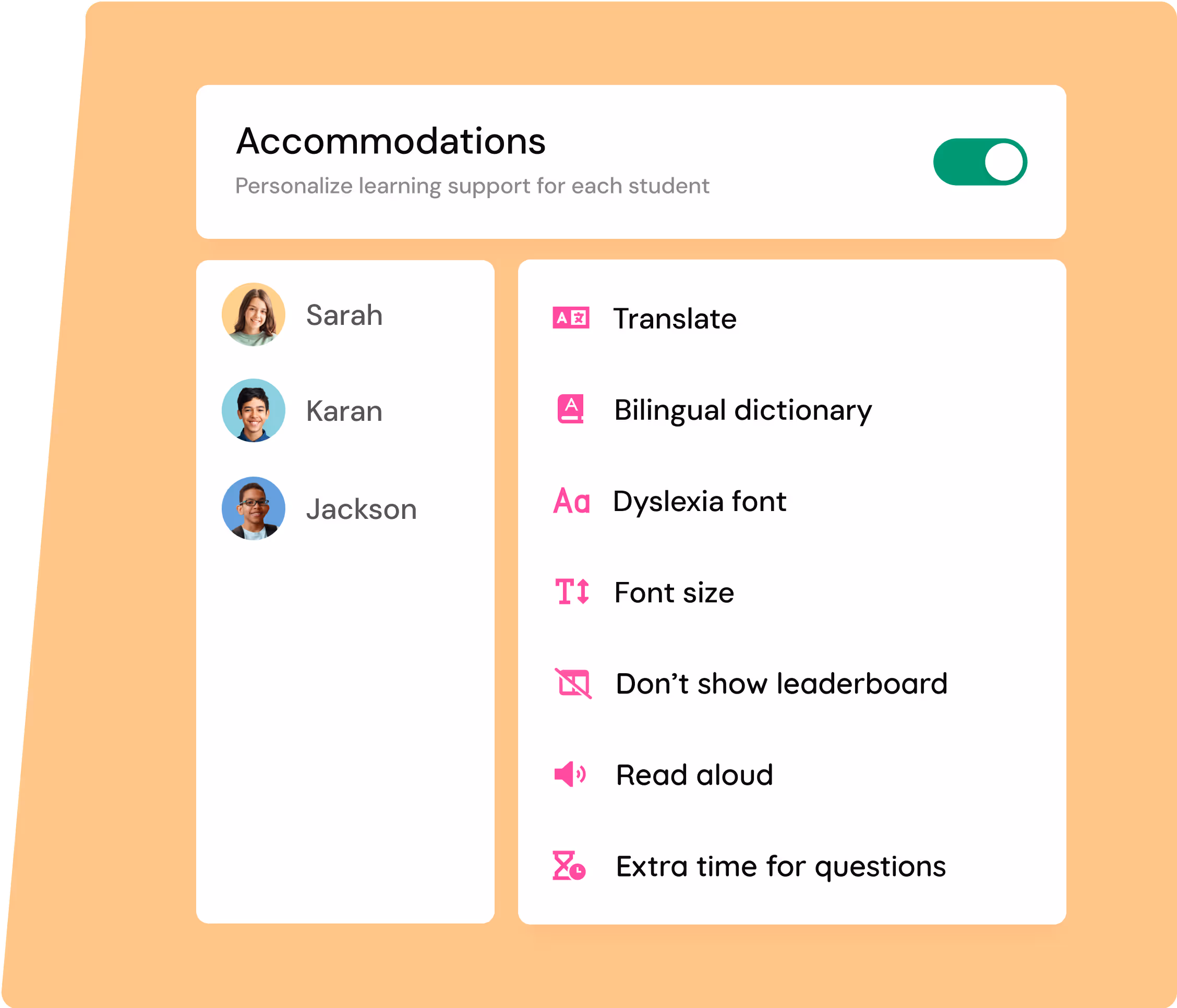 Accommodations interface with student list and options like translate, dyslexia font, and read aloud.