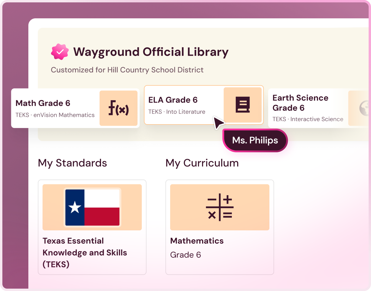 Wayground Official Library interface showing Grade 6 subjects Math, ELA, Earth Science, with TEKS standards and curriculum.