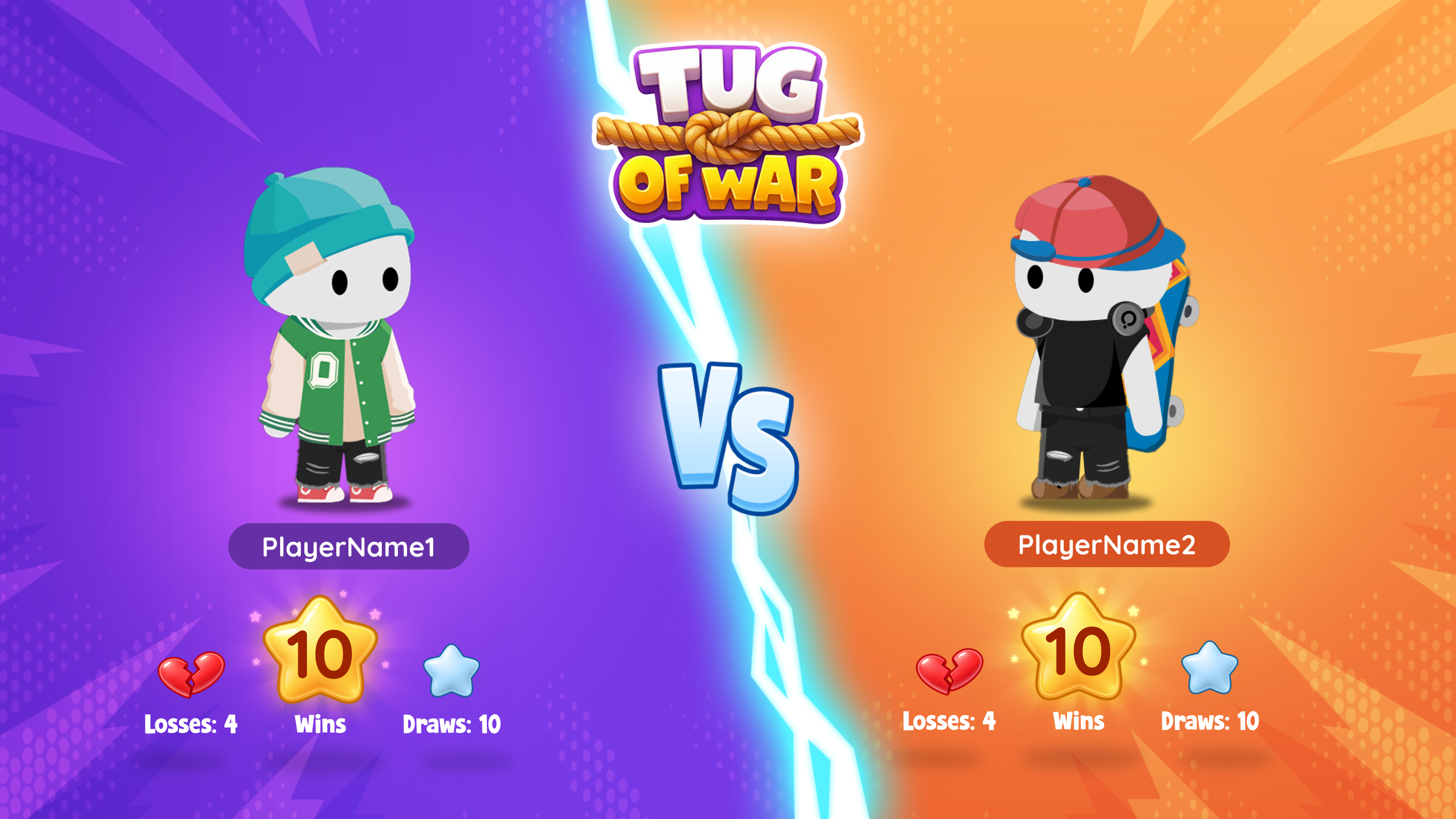 Tug of War matchup screen showing two Qbit students with their names, win counts, losses, and draws before the duel begins