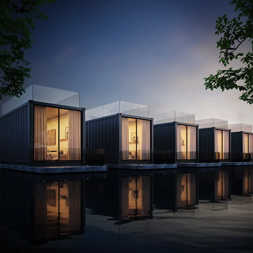Tinyhouse Container, Appartment Siedlung an einem See