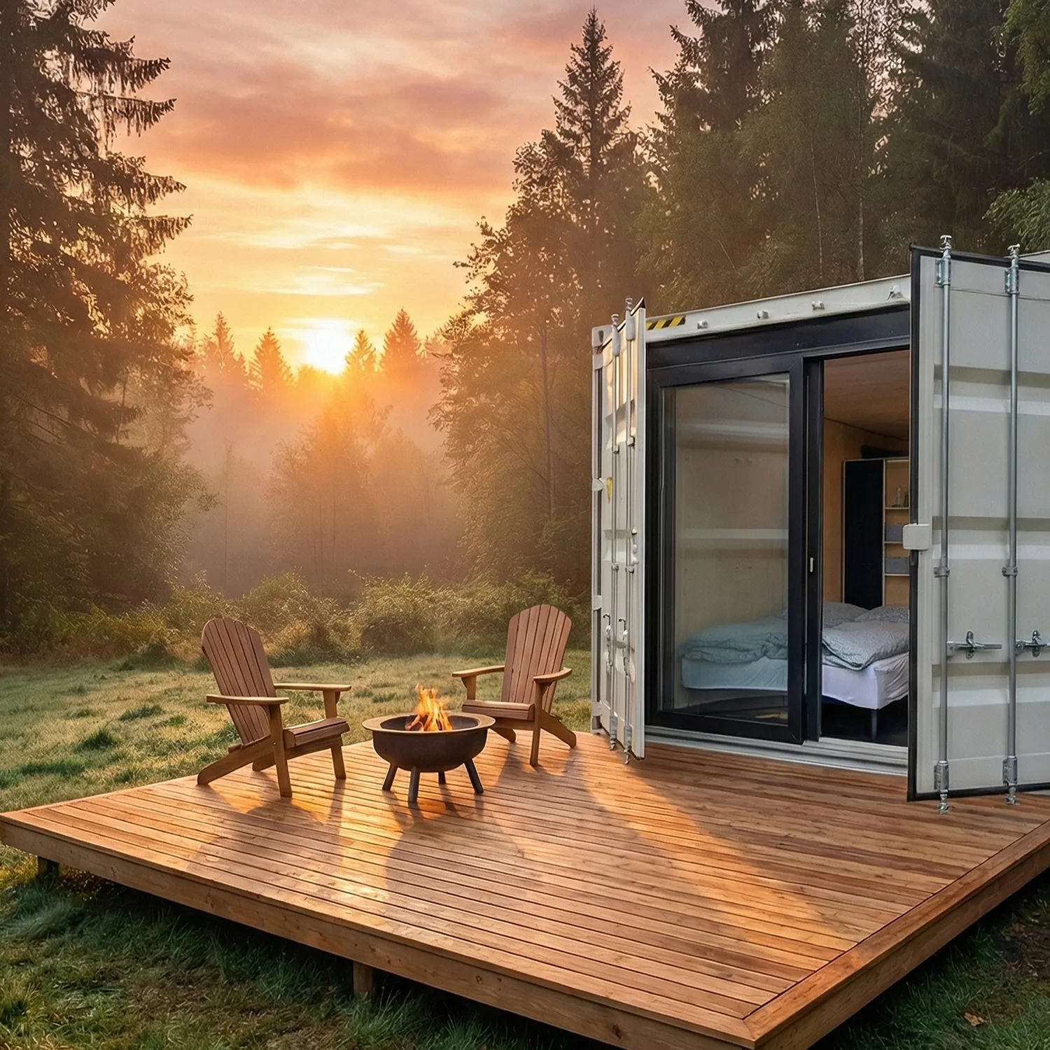 Container Tiny House im Grünen an einer Waldlichtung