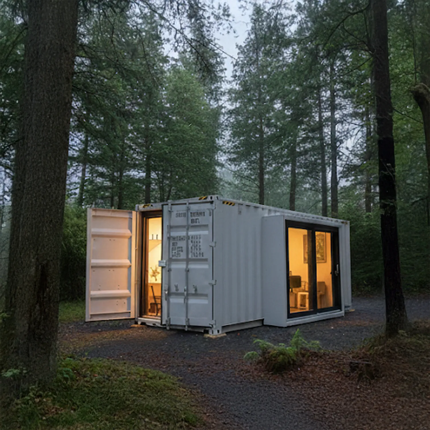 Container Tiny House im Grünen an einer Waldlichtung