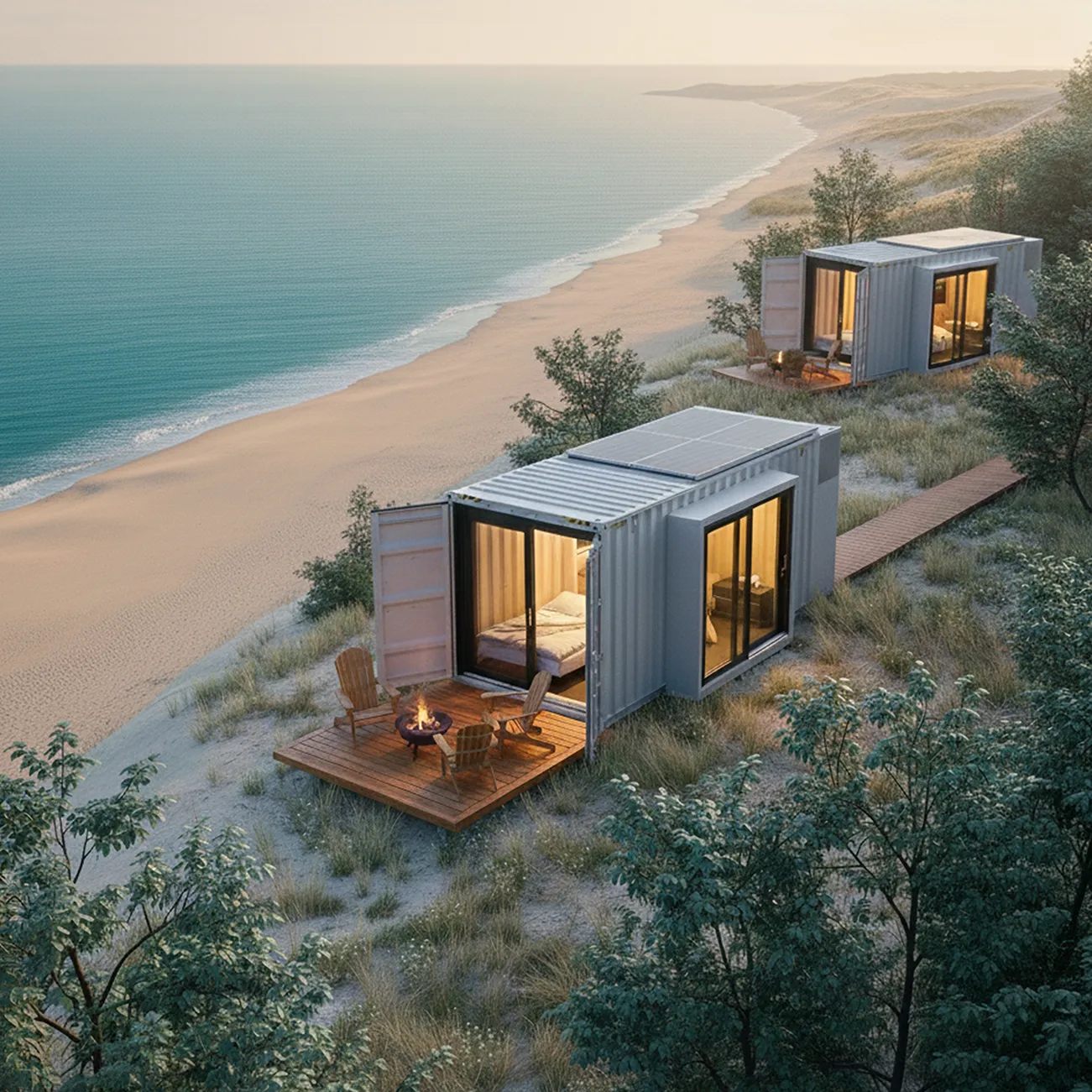 Container Tiny House an der Ostsee, Ferienpark, mit KI generiert