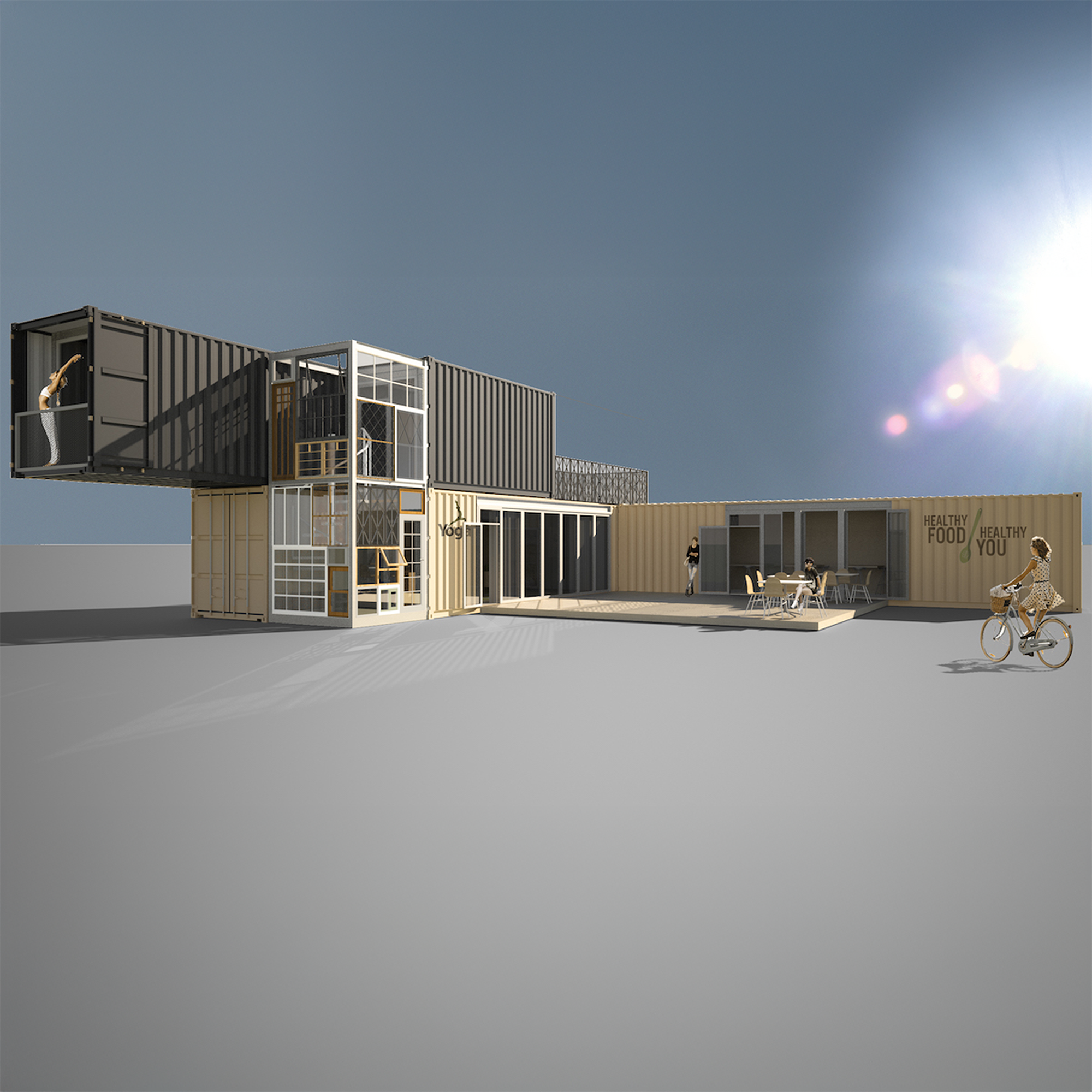 Modulares Yogastudio aus Schiffscontainern mit Personen im Außenbereich und auf einem Balkon, sowie einem Fahrradfahrer vor der Anlage.