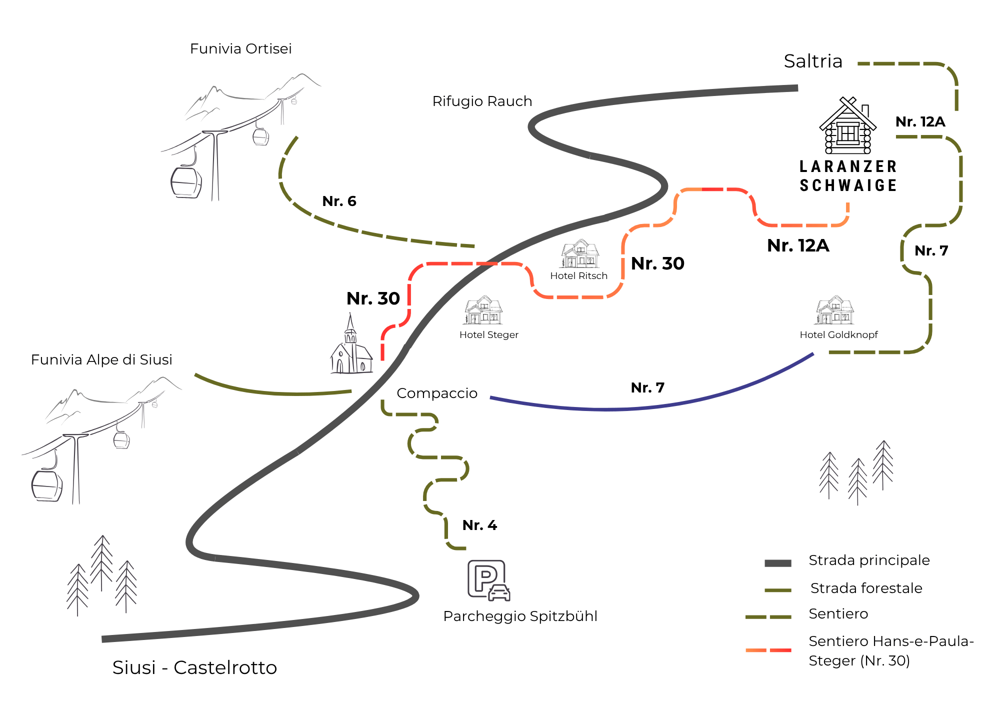 Mappa escursionistica con diversi percorsi segnalati per raggiungere la Laranzer Schwaige sull'Alpe di Siusi in Alto Adige. I sentieri sono contrassegnati per tipo e numero. Mappa in lingua italiana.