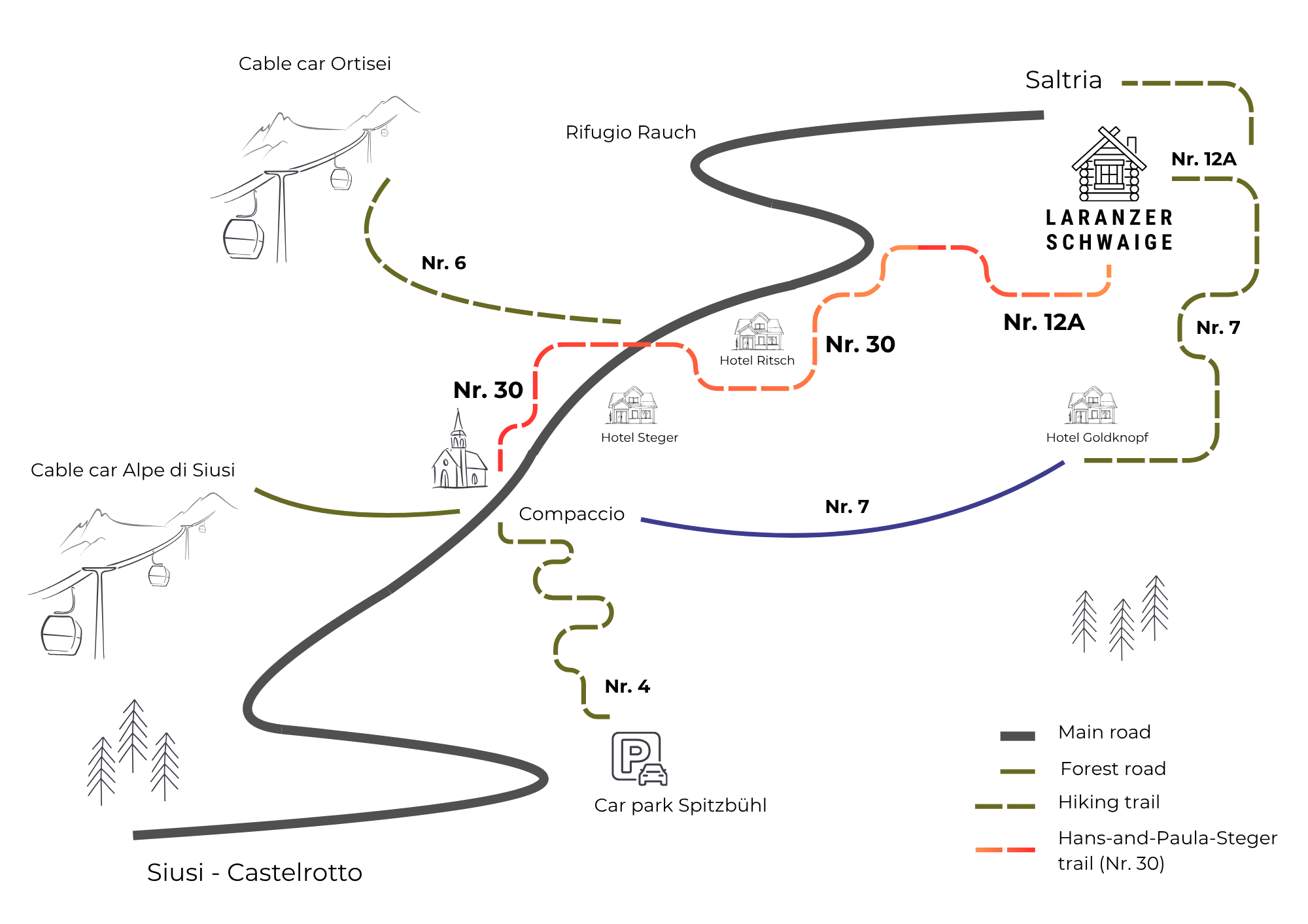 Hiking map with several marked routes to reach Laranzer Schwaige on the Seiser Alm in South Tyrol. Trails are labeled by type and number. Map is in english.