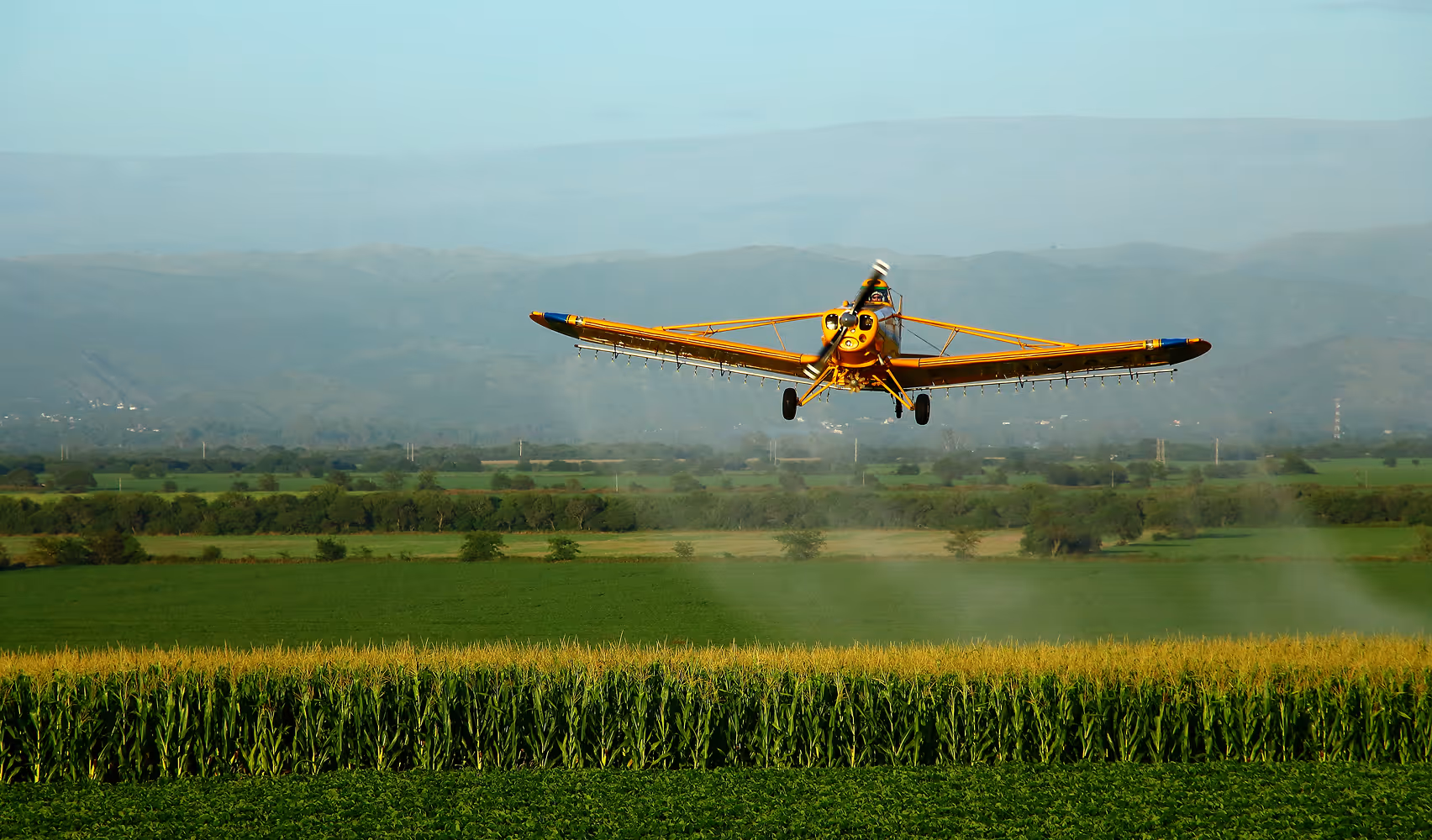 Yellow crop-dusting airplane spraying a green agricultural field at low altitude with mountains in the background.
