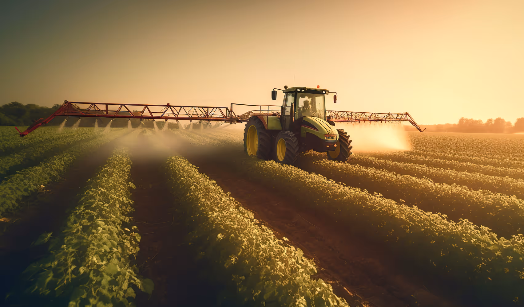 Tractor spraying crops in a field at sunset with mist spreading over rows of plants.