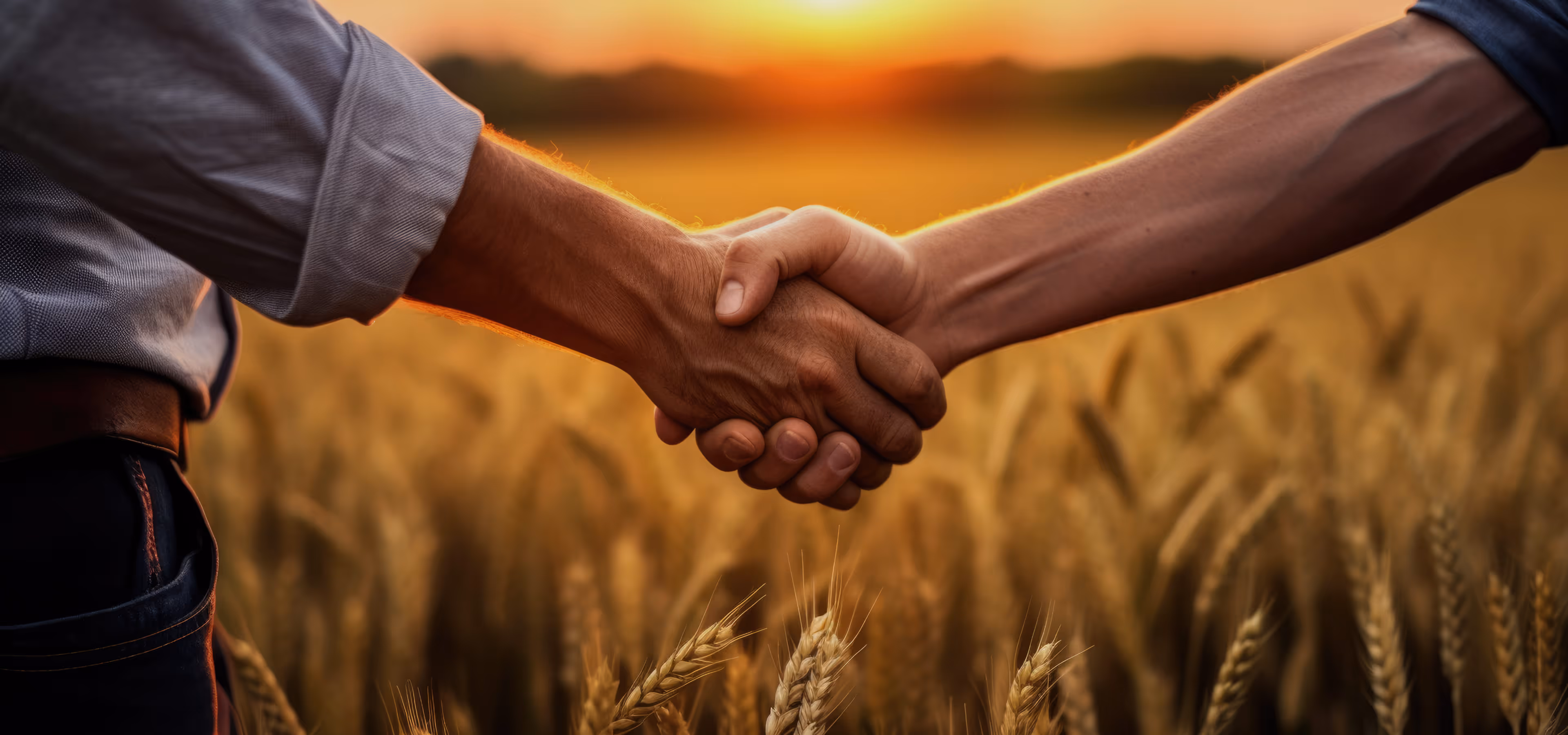 Two people shaking hands in a wheat field during sunset.