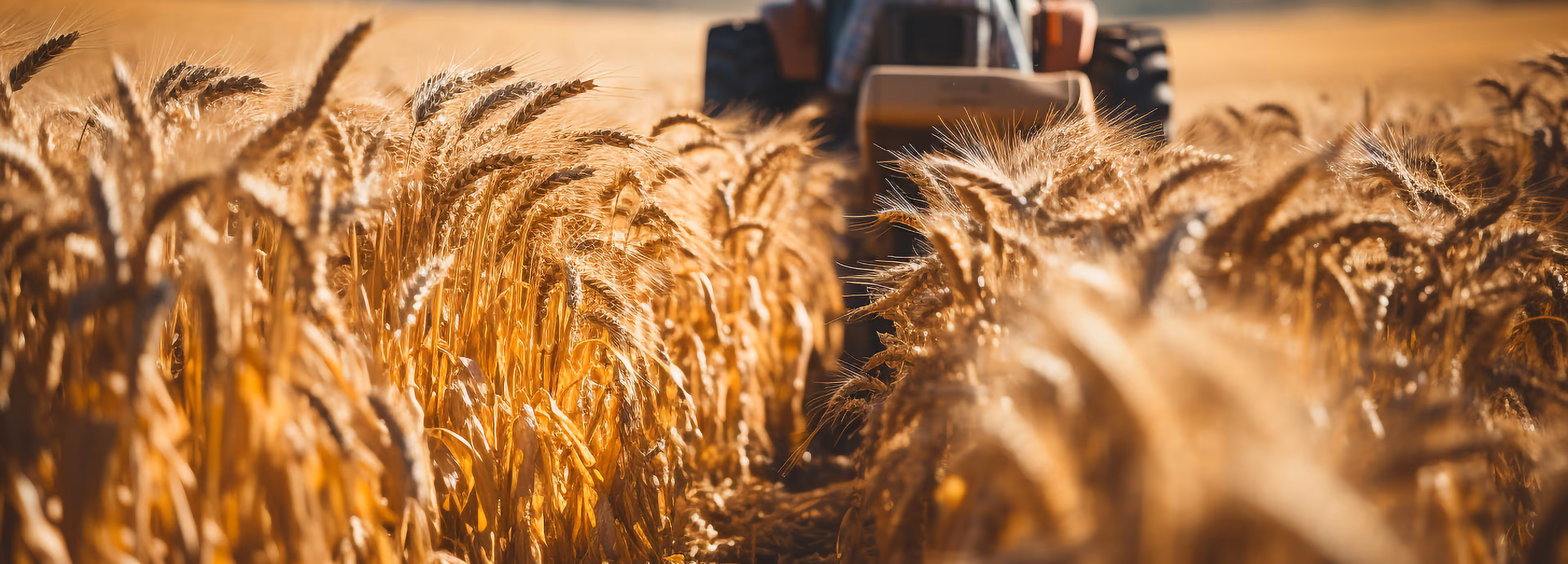Close-up of ripe golden wheat stalks in a field with a tractor in the background.