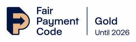 Fair Payment Code Gold badge with a stylized P logo and text 'Fair Payment Code | Gold Until 2026'.