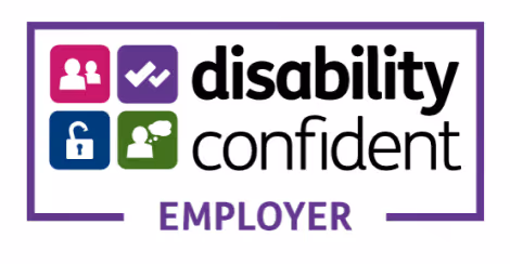 Disability Confident Employer logo with icons of people, a checkmark, an unlocked padlock, and a person with a speech bubble.