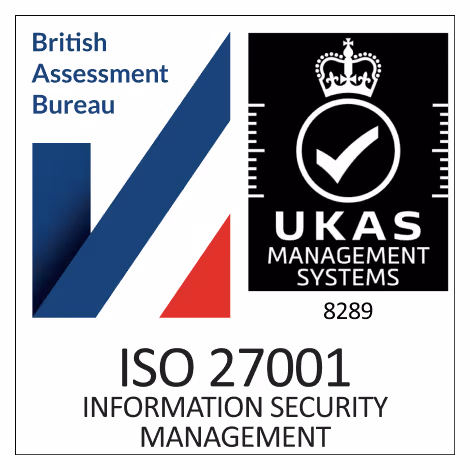 British Assessment Bureau and UKAS Management Systems logos above text reading ISO 27001 Information Security Management.