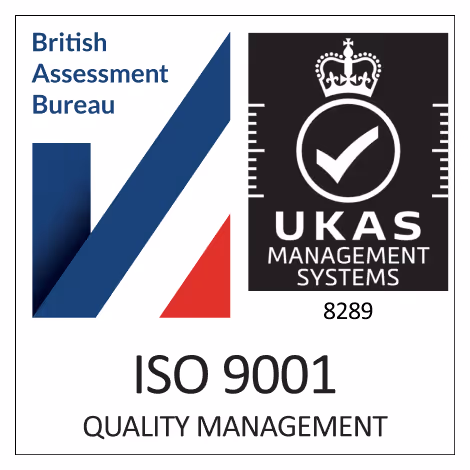 British Assessment Bureau and UKAS Management Systems logos with ISO 9001 Quality Management text.