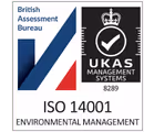 ISO 14001 Environmental Management certification logo with British Assessment Bureau and UKAS Management Systems marks.
