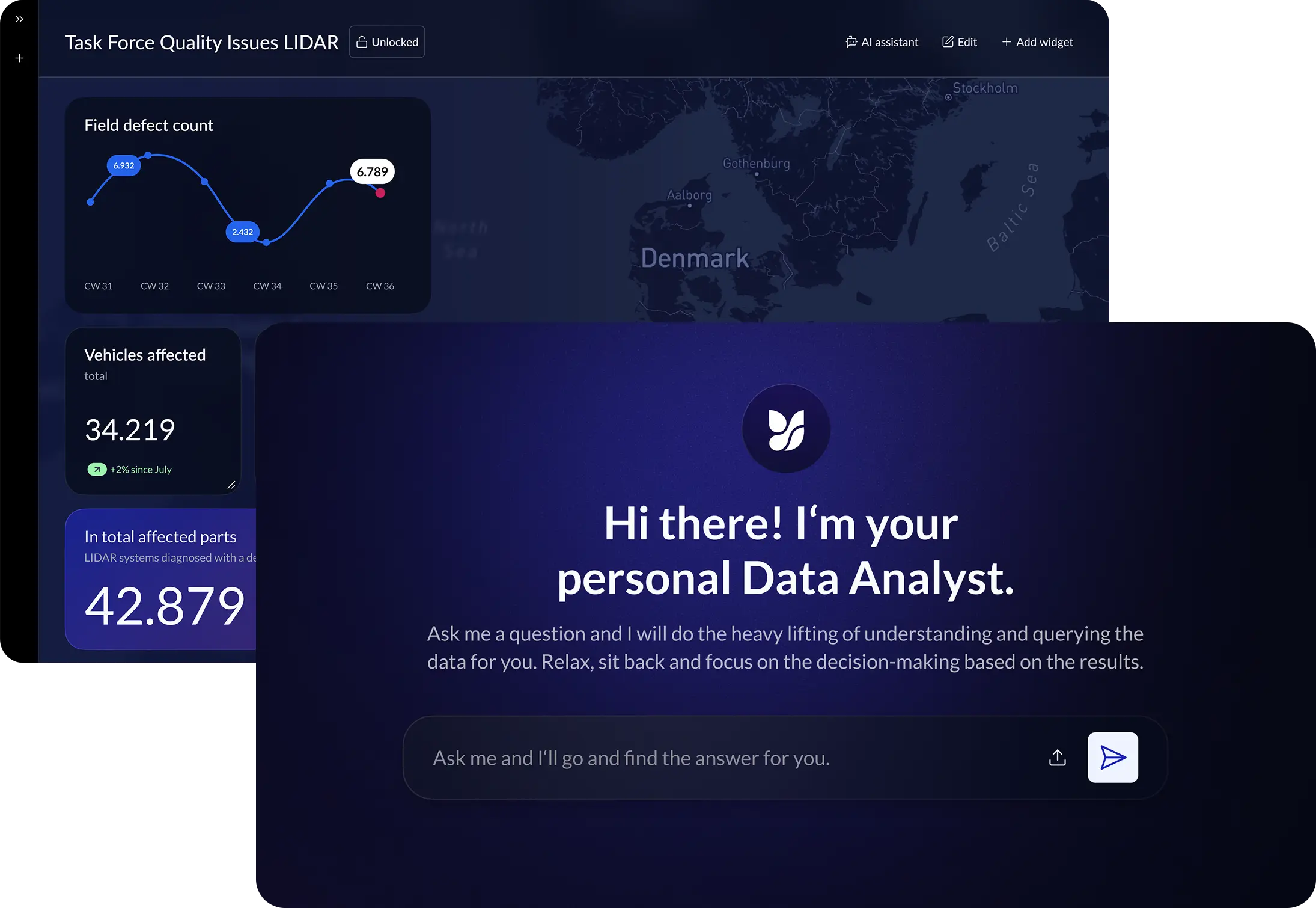 AI-powered data analyst interface with LIDAR quality issues dashboard and personal assistant prompt.