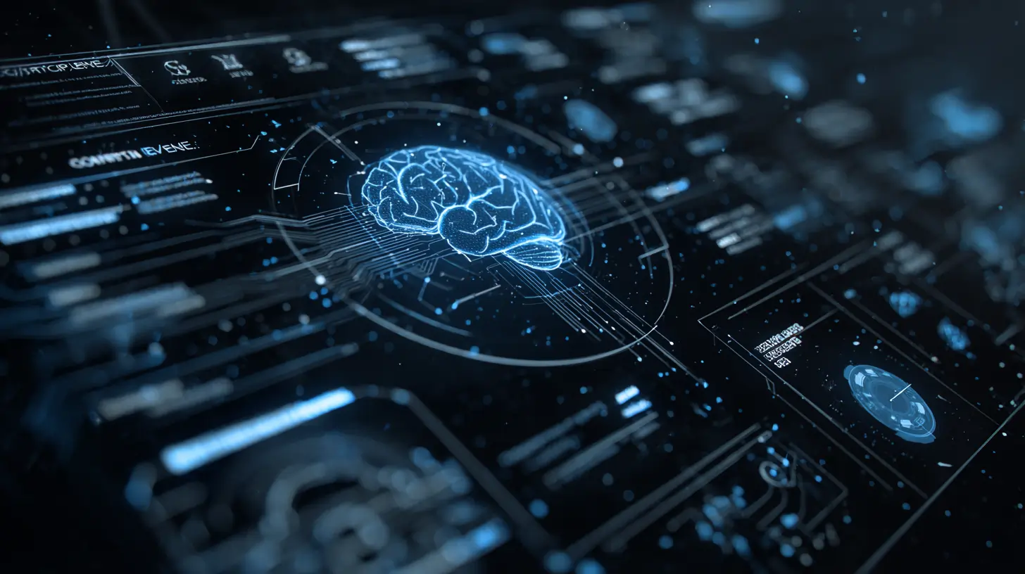 A futuristic digital interface visualizing a glowing blue holographic brain surrounded by data panels and neural network diagrams on a dark background, symbolizing artificial intelligence, data processing, and advanced technology.