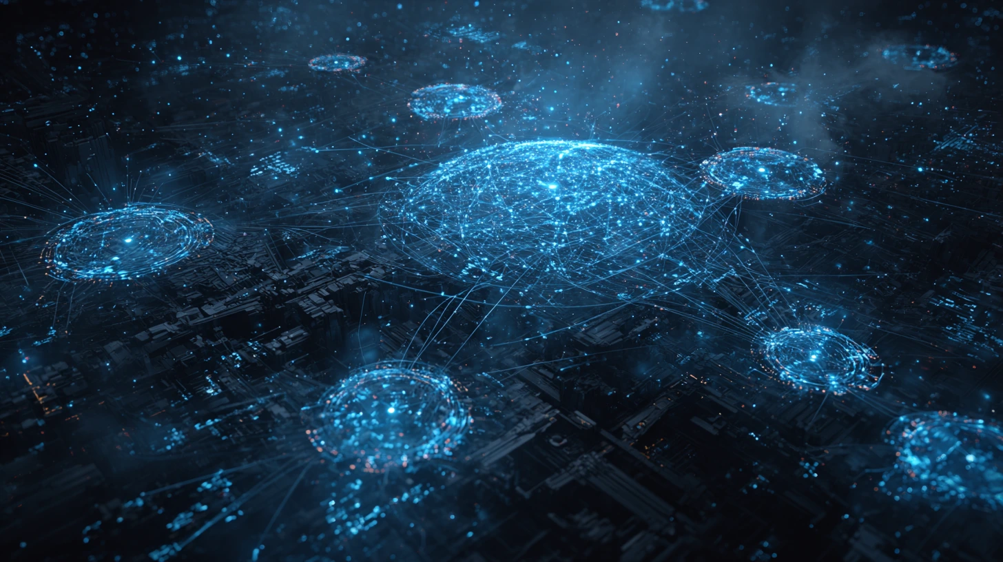 A dark futuristic scene showing a glowing blue knowledge graph connecting multiple fragmented enterprise systems into one unified semantic network. Digital data flows, nodes, and holographic interfaces represent order emerging from complexity. Ultra-detail
