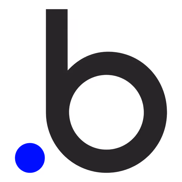 Stylized lowercase letter 'b' in black with a solid blue dot positioned to its lower left.