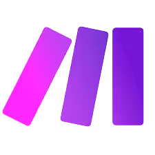 Three vertical bars in a row with gradient colors from pink to purple, the first tilted left.