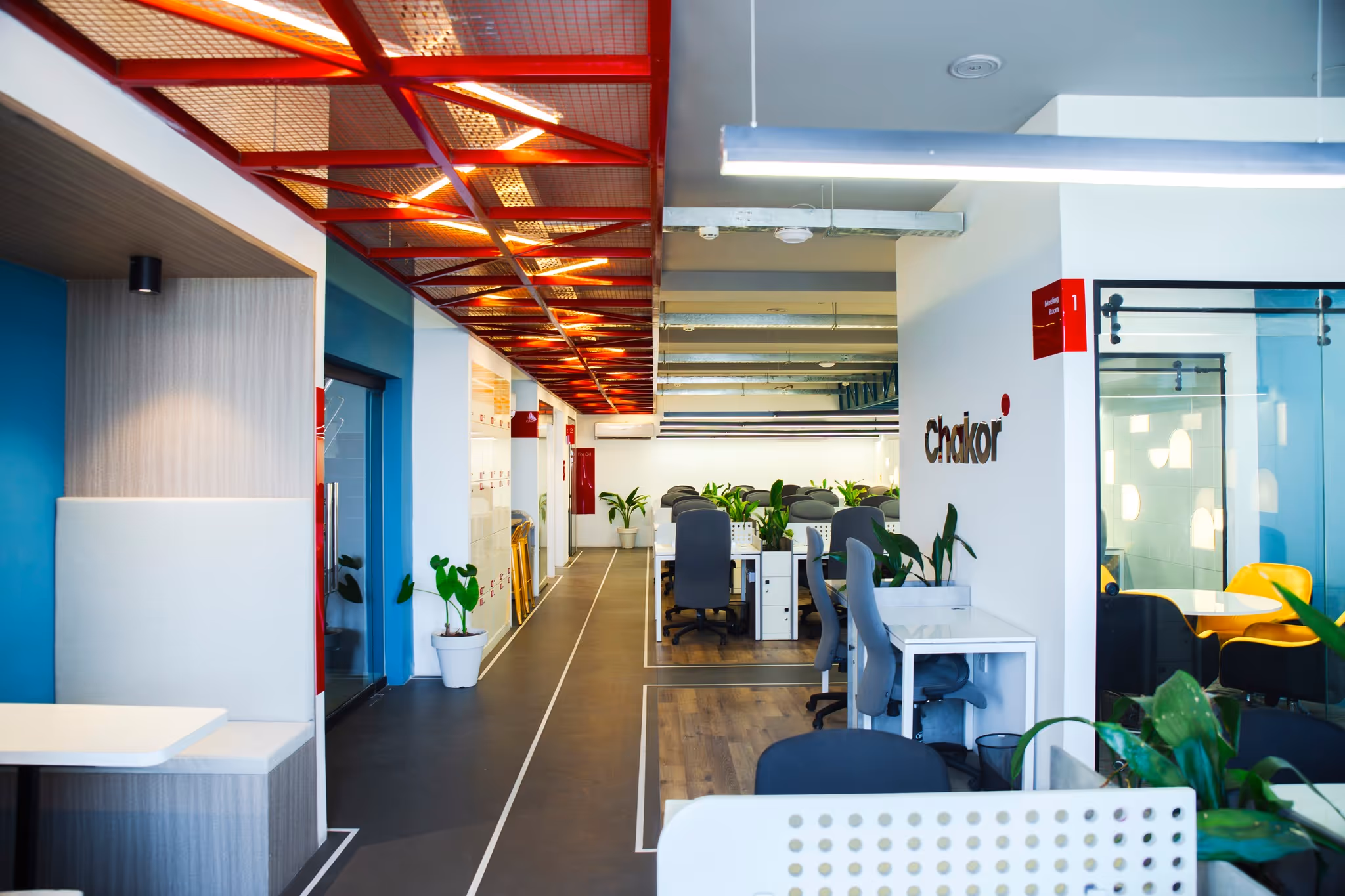 Modern office interior with rows of desks and chairs, indoor plants, a white wall with 'Chakor' signage, and a glass meeting room with yellow chairs.