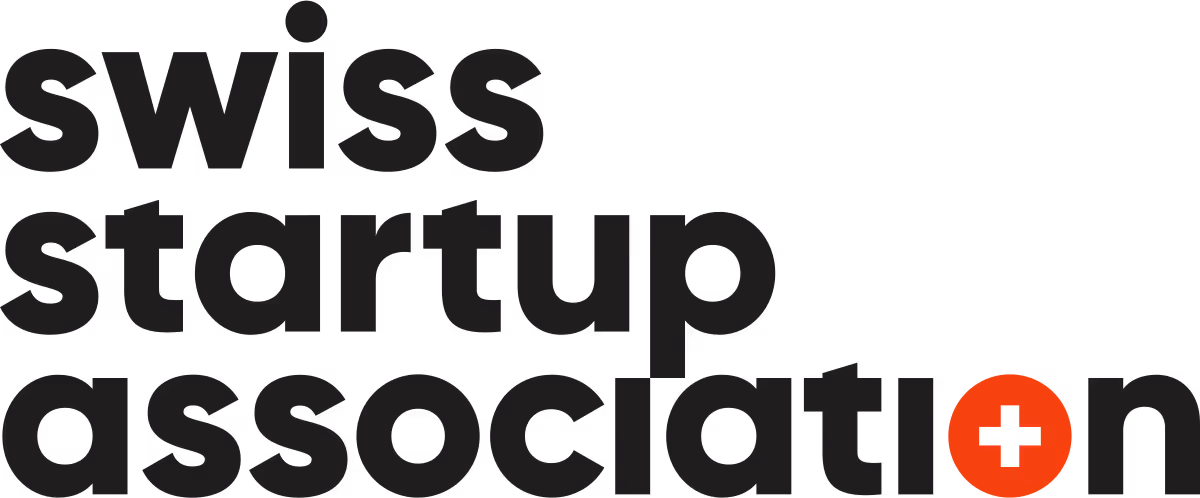 Text logo of Swiss Startup Association with a red circle and white Swiss cross replacing the letter 'o' in association.
