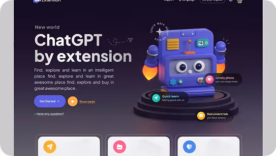 Website homepage featuring a colorful robotic device on a pedestal with text 'ChatGPT by extension' and buttons for starting and watching a video.