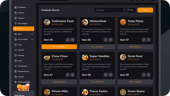 Dashboard interface showing a list of food product brands with ratings, descriptions, item numbers, and buttons for viewing analytics and editing.