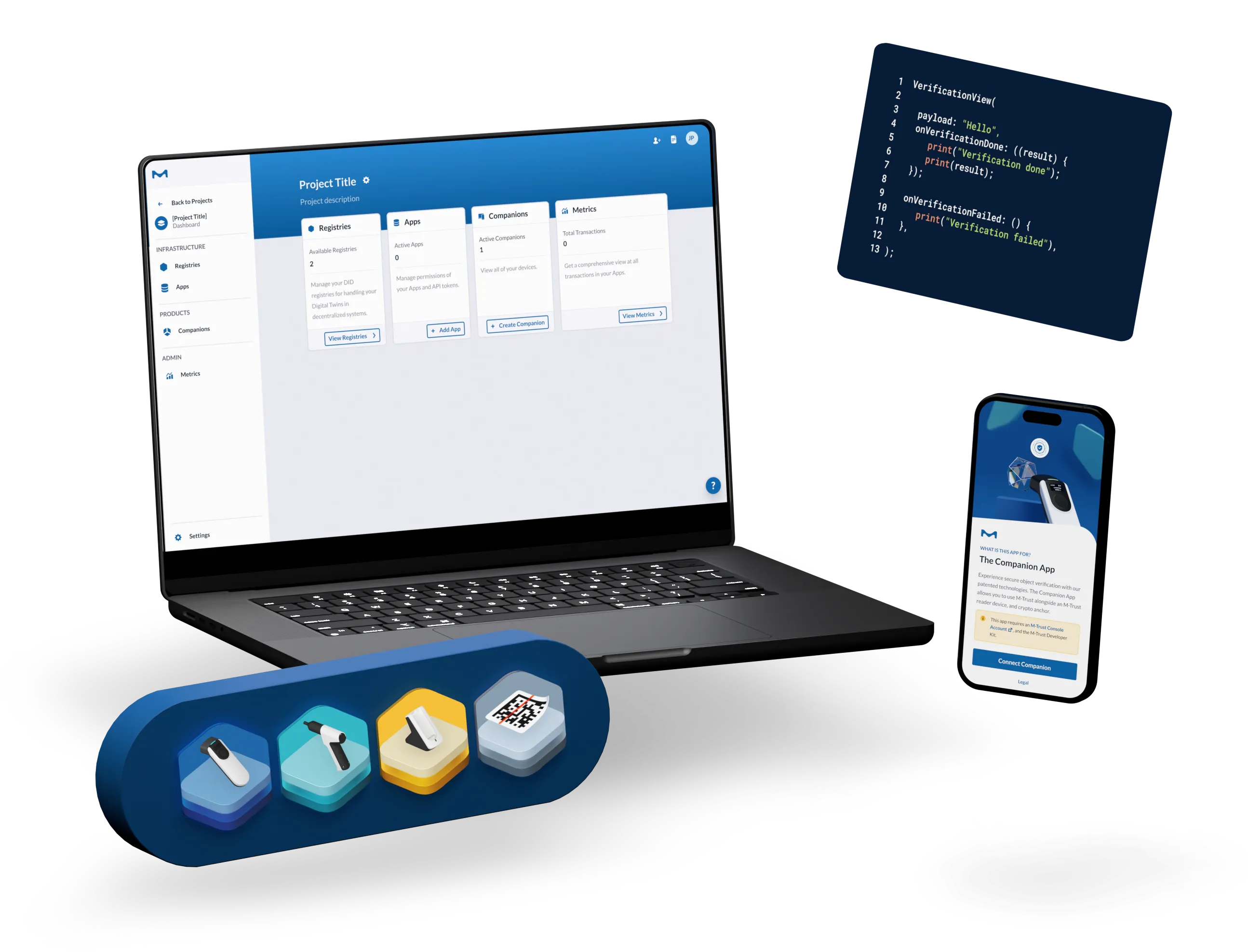 Laptop displaying a project dashboard with sections for Registries, Apps, Companions, and Metrics; smartphone showing The Companion App interface; 3D icons of a smart device, scanner, token, and QR code; code snippet for a VerificationView function.