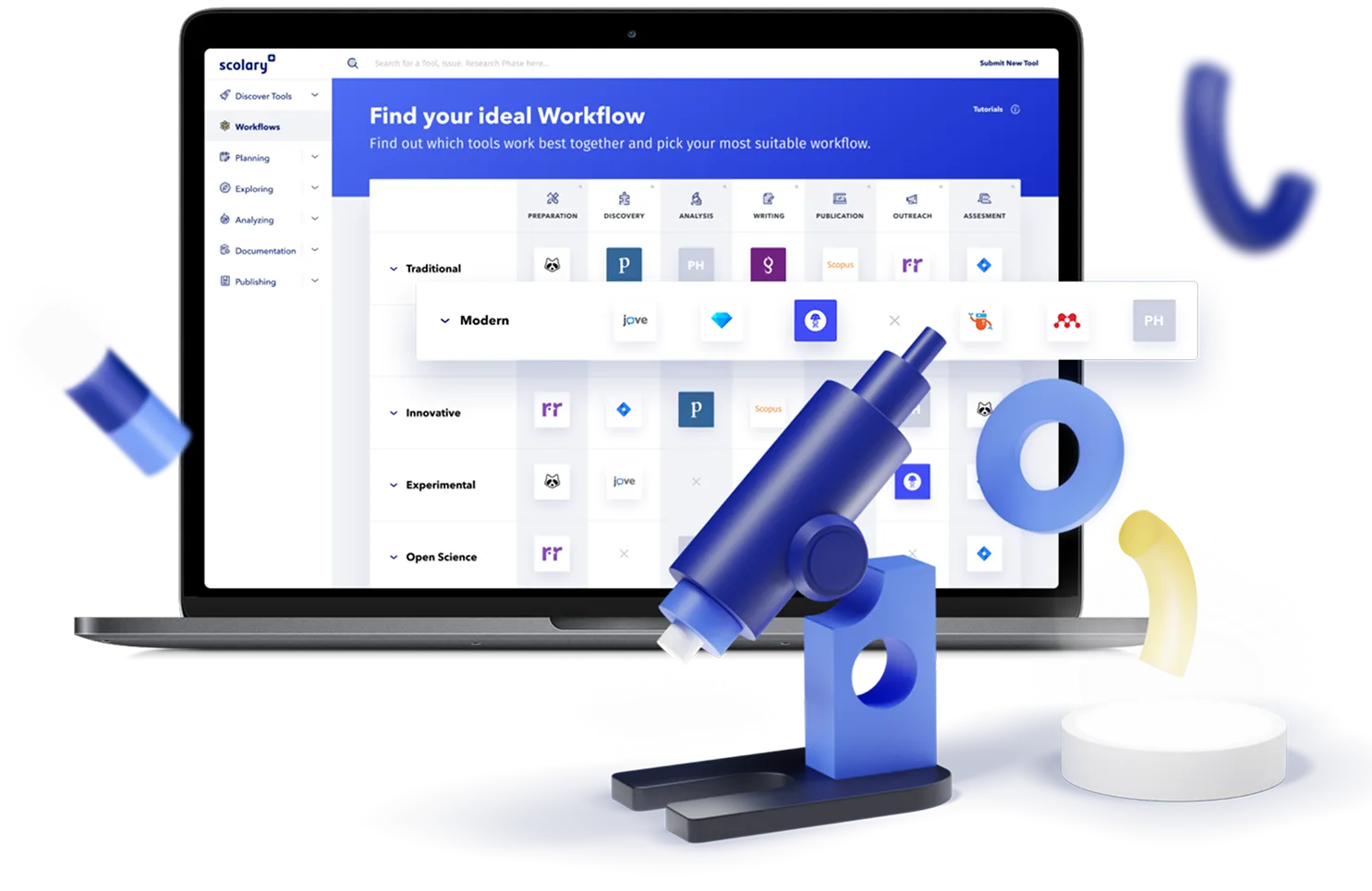 Laptop displaying a workflow tool selection interface with categories like Traditional, Modern, and Innovative, alongside a large blue microscope illustration.