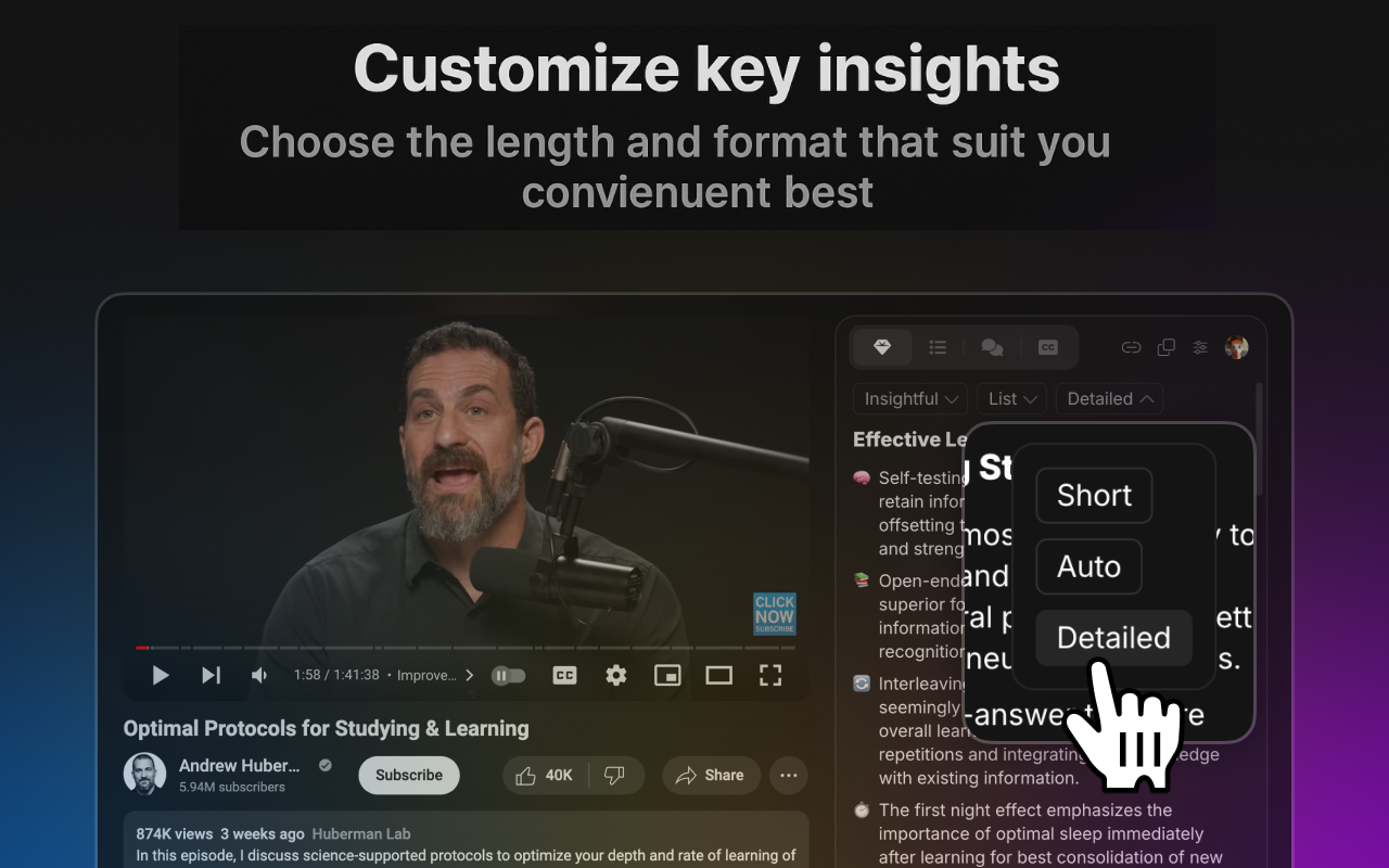 Example of AI-generated YouTube video summary with timestamps using Sumrify
