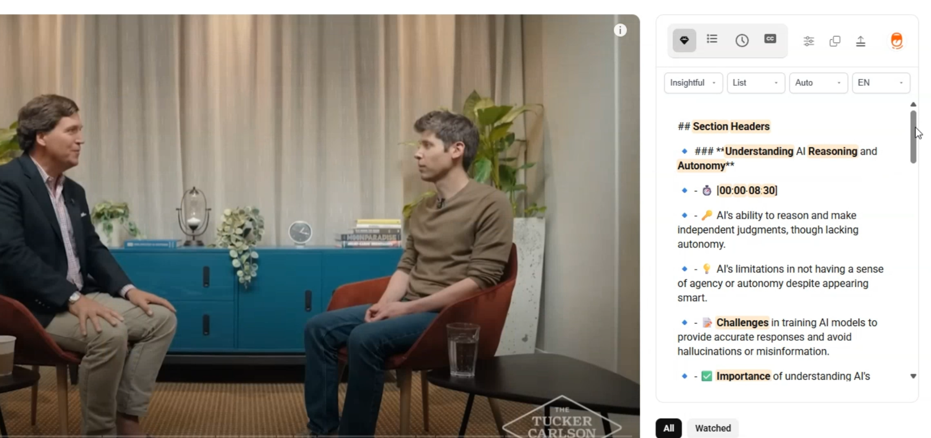 showing summarized YouTube videos with timestamps