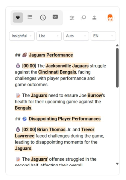 Sumrify AI tool showing summarized YouTube videos with timestamps