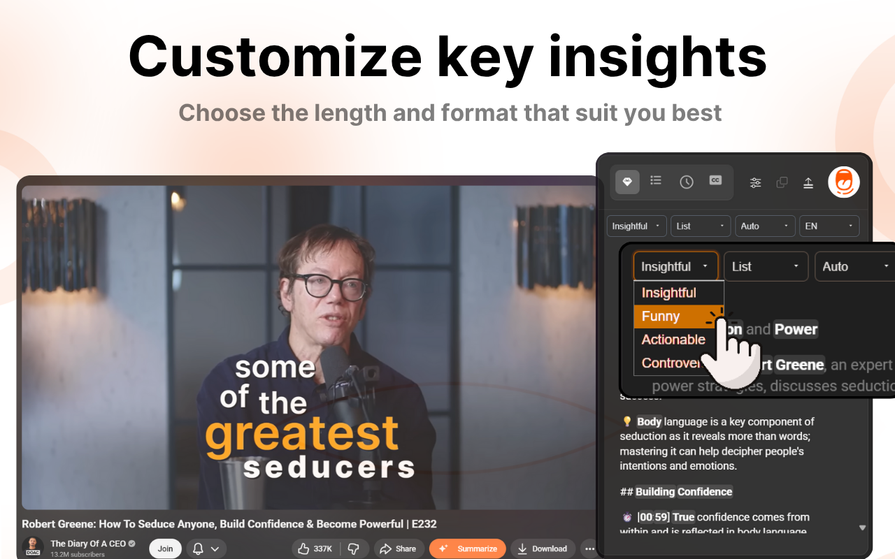 Screenshot of Sumrify Chrome extension summarizing a YouTube video instantly with AI