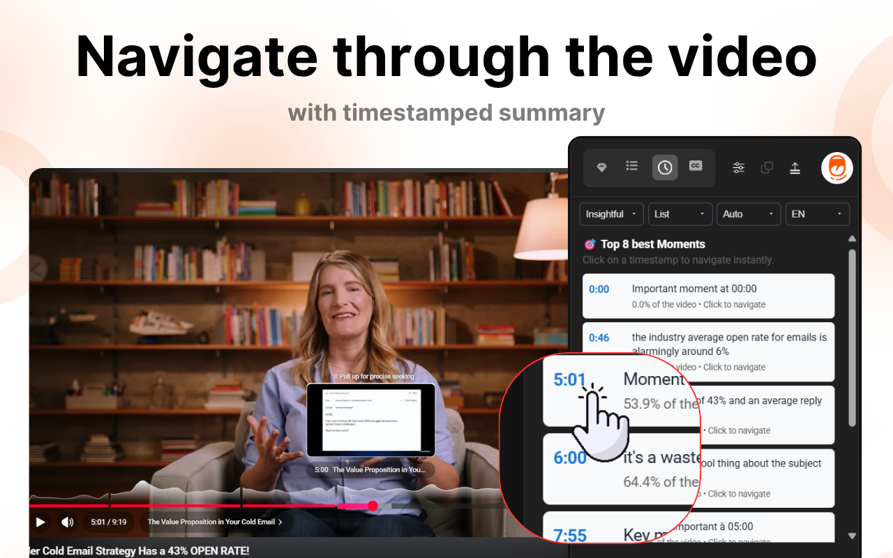 AI tool showing summarized YouTube videos with timestamps