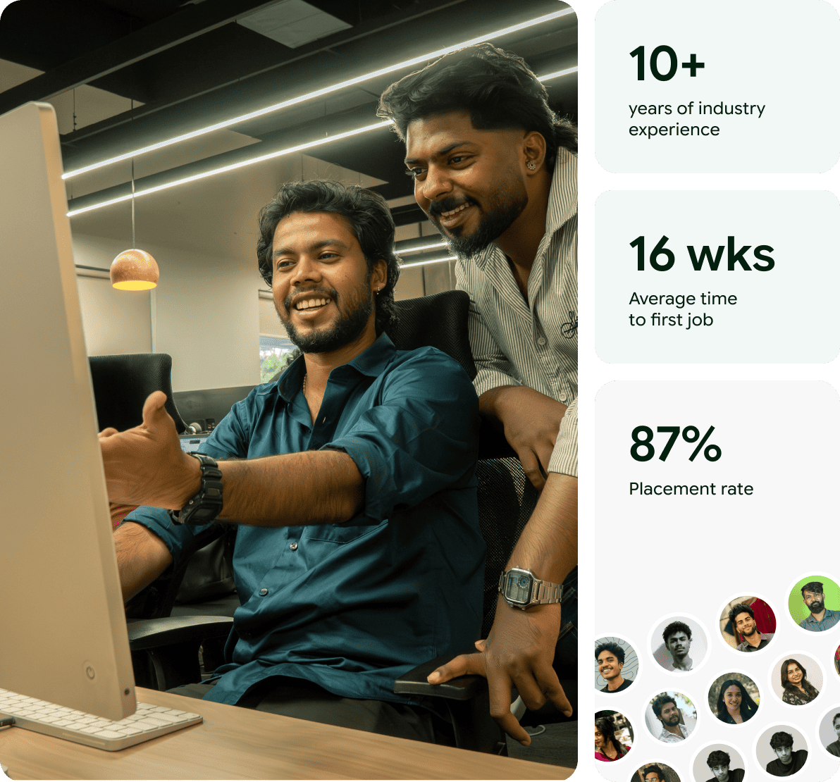 Two men smiling and working on a desktop computer in an office with stats on industry experience and placement rate.