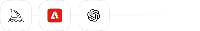 Four app icons connected by lines showing a sailboat, Adobe, OpenAI, and an abstract star shape.