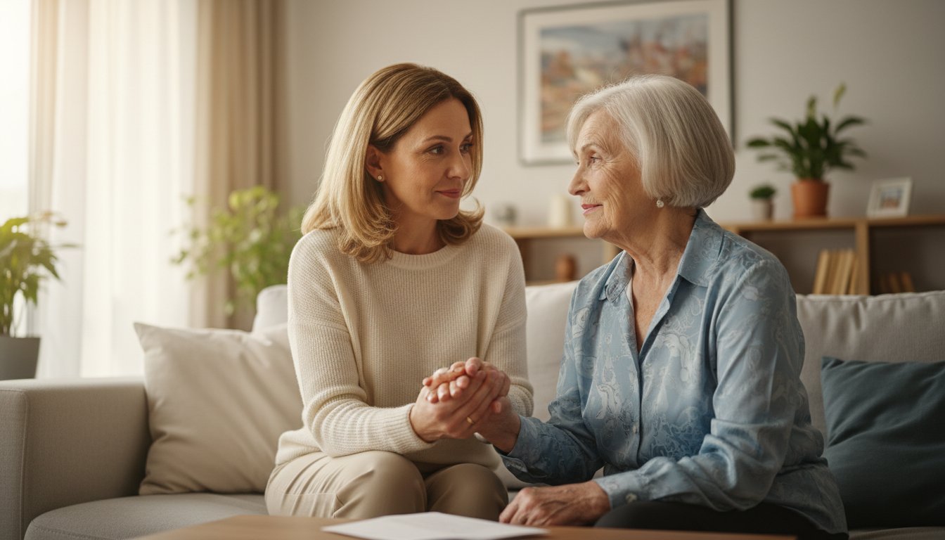 Family member offering emotional support to an older loved one