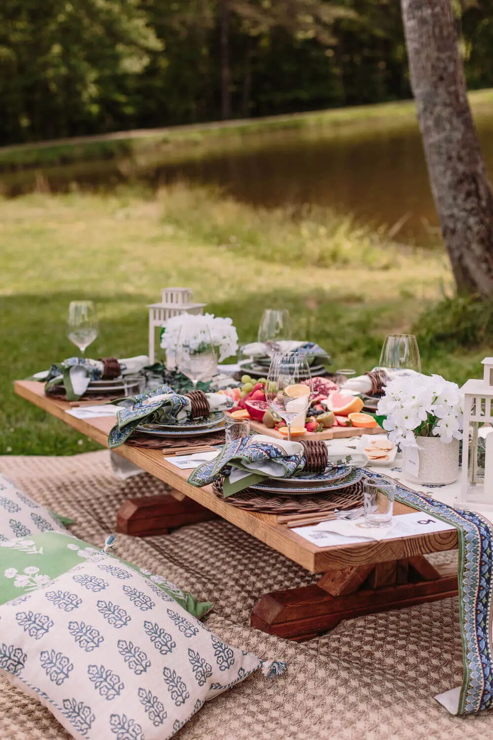 Full picnic setup with blankets, pillows, charcuterie, and wine under a tree at the vineyard.