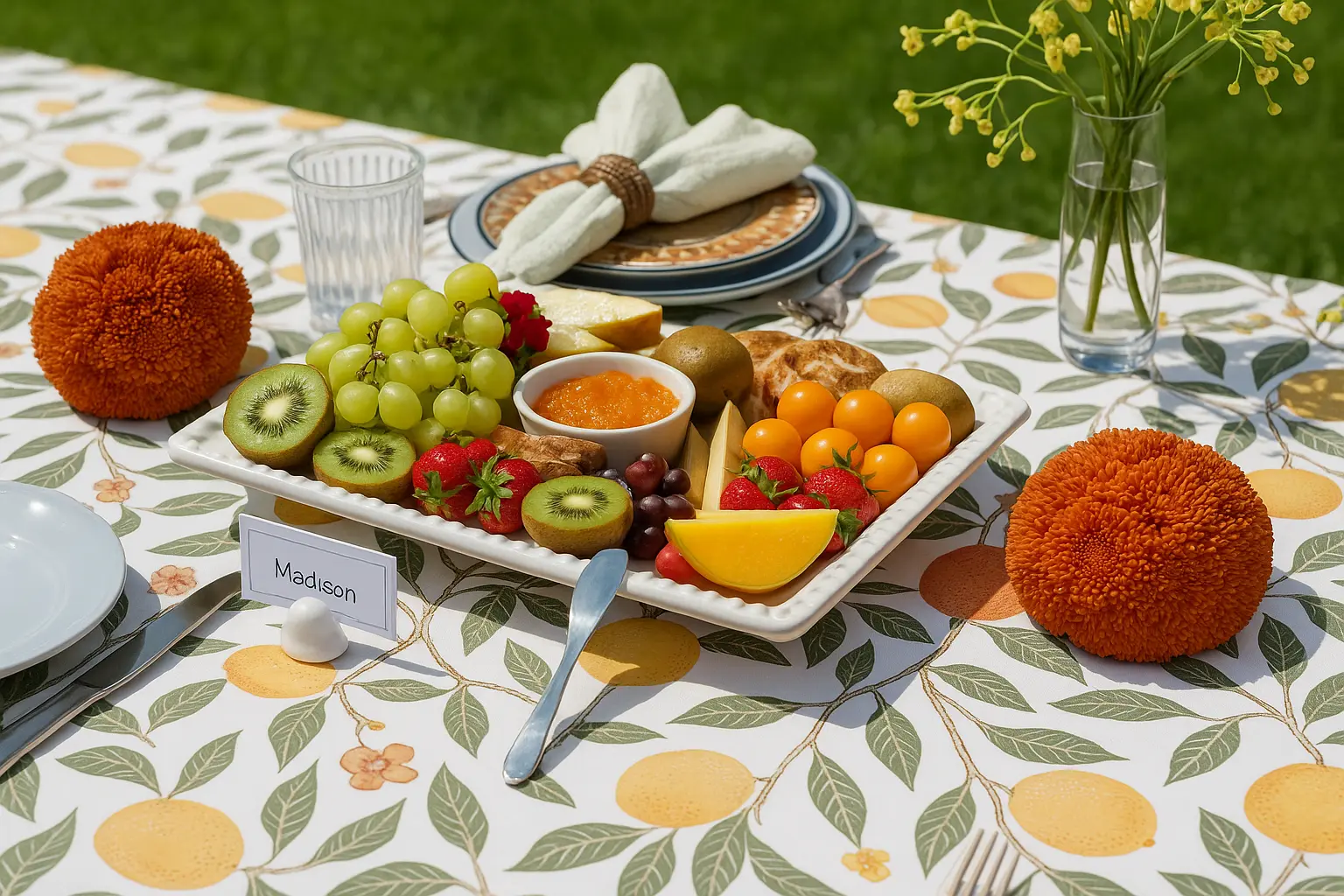 Close-up of fruit platter with kiwi, strawberries, grapes, mango slices, golden tomatoes, and a small bowl of jam, displayed on a floral-patterned tablecloth with place setting and name card reading 'Madison'.