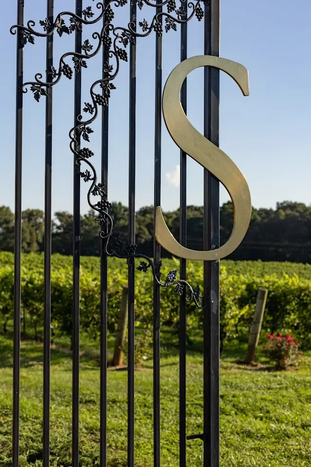 Decorative iron vineyard gate with monogram 'S' overlooking vineyard rows under blue sky.
