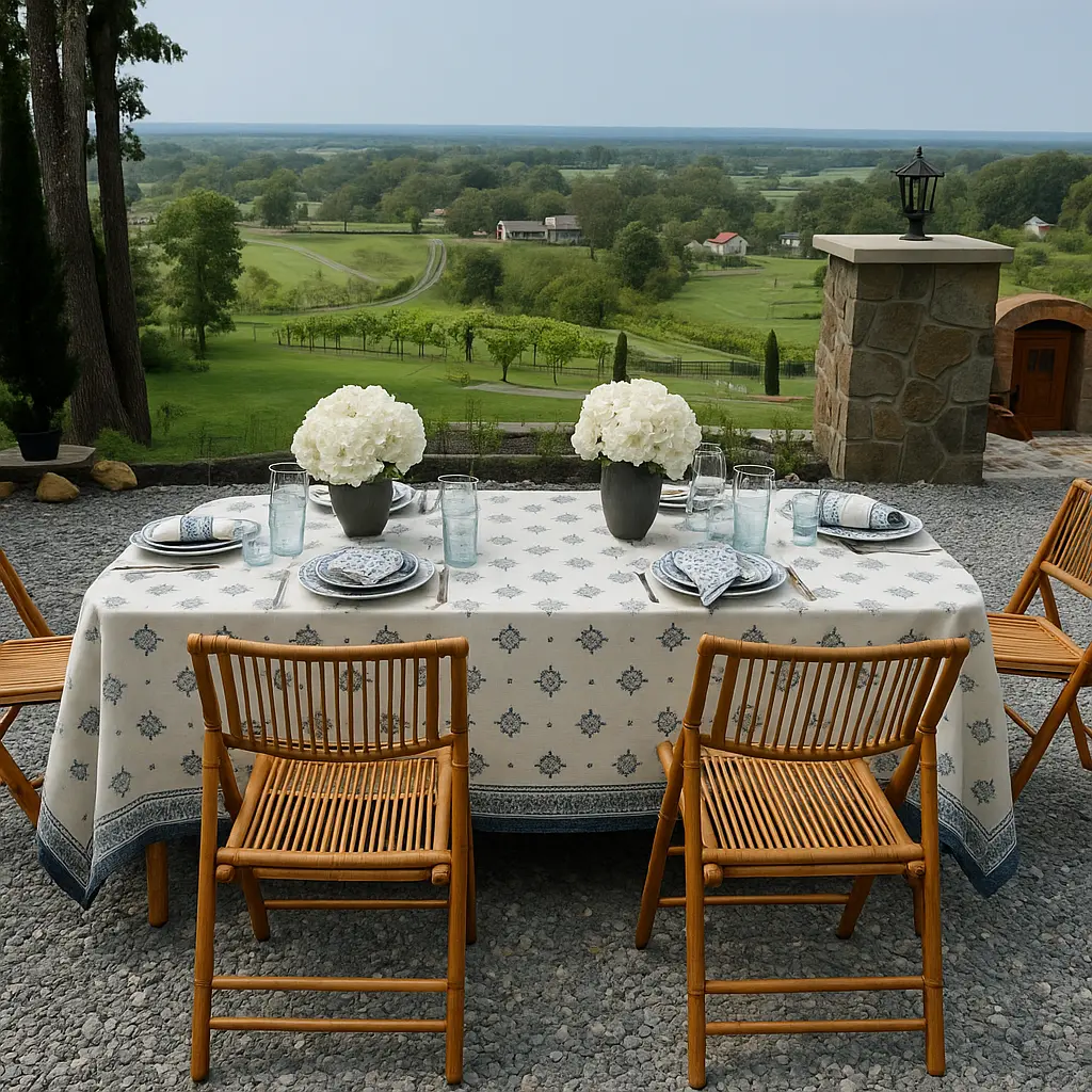 An elegantly arranged dinner table on a patio, featuring a stunning view of the landscape in the background.