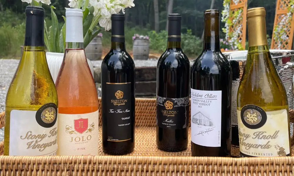 Wine bottles displayed on a wooden table with charcuterie, ready for a tasting experience.